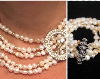 Artisan fresh water pearls, vintage brooch, sterling silver clasp Necklace & Bracelet Set