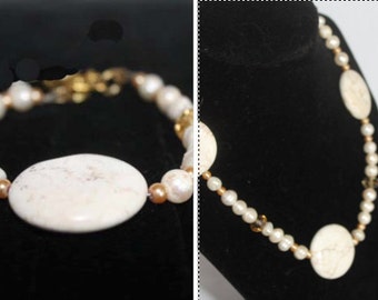 Pearl Jewelry set, pearl necklace, pearl bracelet, white calcite stones, fresh water pearl, swarovski crystal