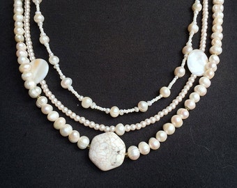 WHITE LIGHTS, Big CITY  - original jewelry -3 multi strand necklace -  calcite, fresh water pearl, mother of pearl