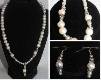 a SPOONFULL of SUGAR - faux cream and blue pearl necklace, bracelet and earring set