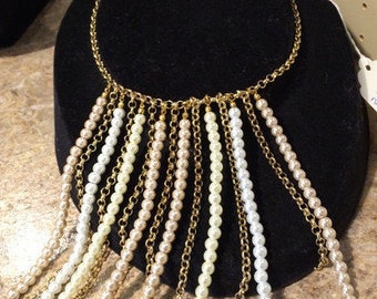 VINTAGE Fringe Beaded Necklace - chocker cream, white, soft pink and pewter pearls on gold chain - layered look