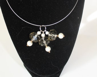 TRIPLE PLAY - 3 Large Smokey Crystal Pendent Cluster with White Pearls on Wire Necklace and Earrings