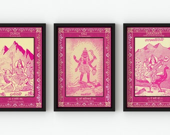 Goddess Kali, Durga, Saraswati Prints: 1970s Indian Art, Set of 3