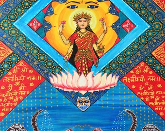 Framed/Unframed Print of Original Goddess Lakshmi painting , Sacred Geometry, Meditation, Large painting, canvas print