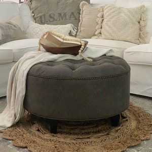 Granite Grey Distressed Vegan Leather Ottoman, Tufted, Upholstered, Round