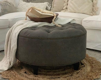 Granite Grey Distressed Vegan Leather Ottoman, Tufted, Upholstered, Round