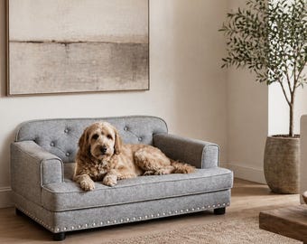 Gray Tufted Dog Sofa Bed, Upholstered Pet Couch, Nailhead Trim Furniture Style