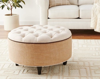 30" Tufted Linen and Burlap Ottoman