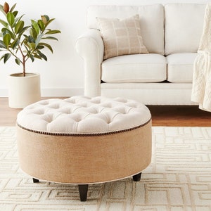 30&quot; Tufted Linen and Burlap Ottoman Coffee Table