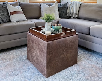 Distressed Vegan Leather Storage Ottoman with Built in Coffee Table Tray, Chestnut Brown, Tufted Upholstery from Design 59