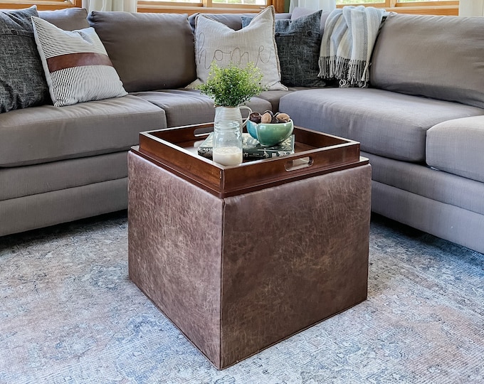 Distressed Vegan Leather Storage Ottoman with Built in Coffee Table Tray, Chestnut Brown, Tufted Upholstery from Design 59
