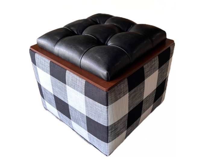 Buffalo Check Storage Ottoman with Built in Coffee Table Tray, Black Vegan Leather , Tufted Upholstery from Design 59