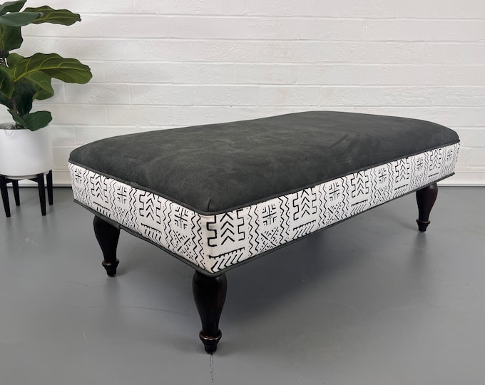 Vegan Leather Ottoman Bench, Bohemian, African Mud Cloth with Grey Leather by Design 59