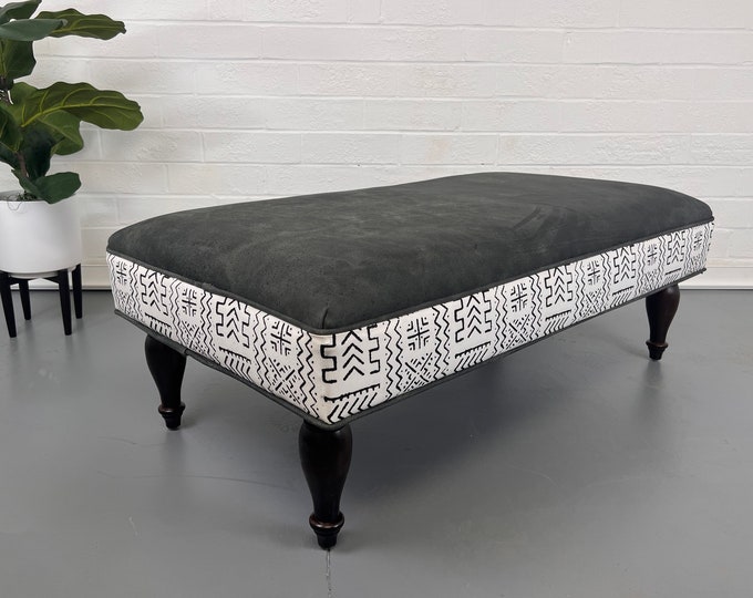 Vegan Leather Ottoman Bench, Bohemian, African Mud Cloth with Grey Leather by Design 59