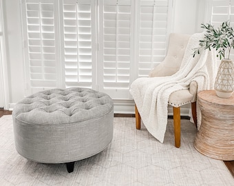 Grey Linen Upholstered Ottoman- Footstool, coffee table- Design 59 inc