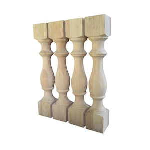 May include: Four unfinished wooden table legs with a turned design. The legs are square at the top and bottom and have a rounded, bulbous middle section.