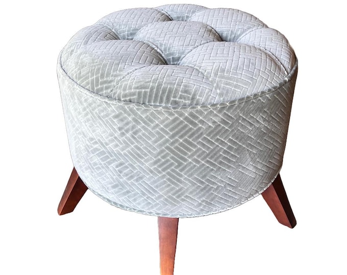 Pouf Stool Velvet Teal, Handmade Furniture, Ottoman Bench, Mid Century Modern Stool, Round Stool, Coffee Table, Upholstered Bench