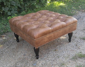 Distressed Vegan Leather Tufted Upholstered Ottoman- Footstool, coffee table- Design 59 inc