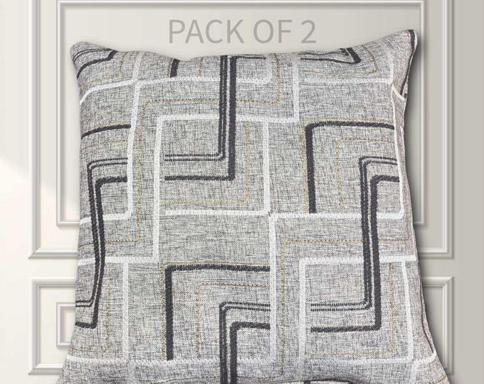 Geometric Maze Pillow Covers – Gray with Charcoal and Gold Streak Pattern, Modern Decorative Cushion Covers with Hidden Zipper