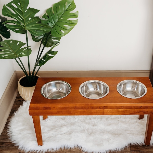 16 3 Bowl Raised Feeder, Retro Midcentury Modern Walnut Finish, Large Bowls, Feeder, Dog Bowl Stand, Pet Accessories