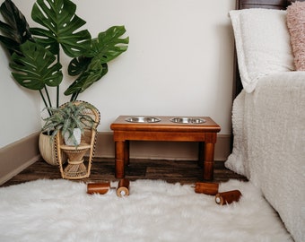 Mid Century Modern Dog Bowl with Stand, Two Bowls for Food and Water, Puppy to Adult Transition Set