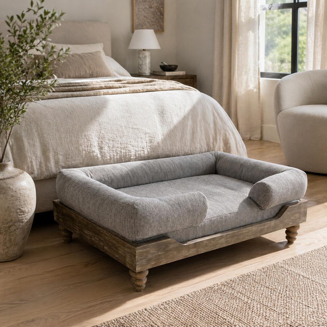 Washed Oak Elevated Dog Bed With Bolstered Grey Cushion - Etsy