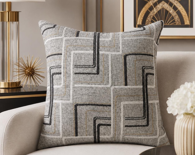 Geometric Maze Pillow Covers – Gray, Charcoal, Gold Streak Pattern, Modern Cushion Covers