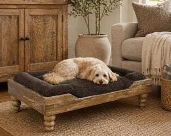 Washed Oak Elevated Dog Bed with Chocolate Cushion