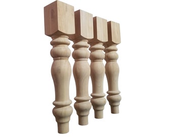 Chunky Unfinished Hardwood Farmhouse Dining Table Legs, Set of 4, Turned Legs, Design 59 (F1-RW)