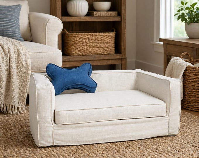 Marlowe Pet Settee, Designer Slipcovered Dog Sofa Bed with Washable Covers & Bone Pillow