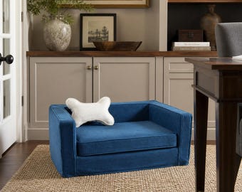 Beaufort Pet Settee, Designer Slipcovered Dog Sofa Bed with Washable Covers & Bone Pillow