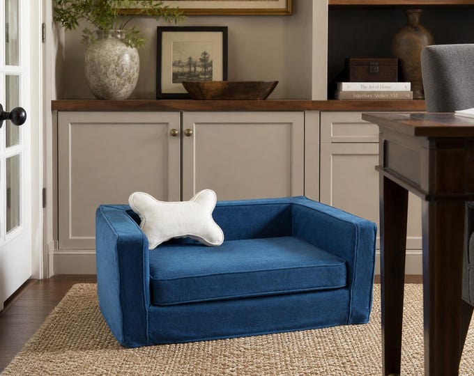 Beaufort Pet Settee, Designer Slipcovered Dog Sofa Bed with Washable Covers & Bone Pillow