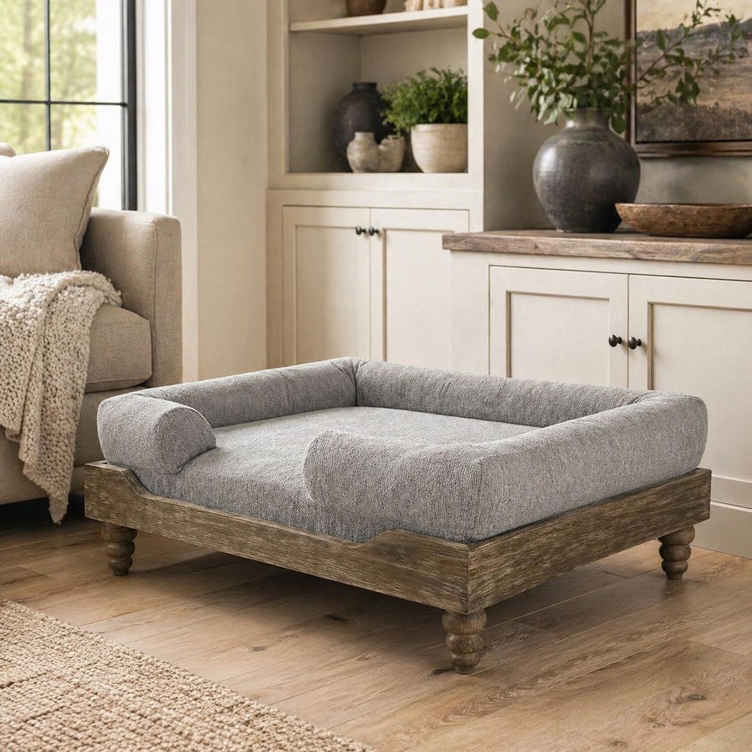 Washed Oak Elevated Dog Bed With Bolstered Grey Cushion - Etsy