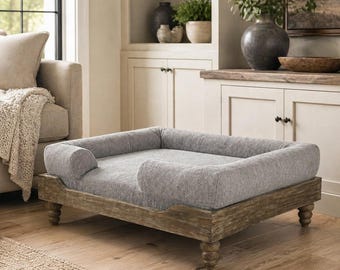 Washed Oak Elevated Dog Bed with Bolstered Grey Cushion