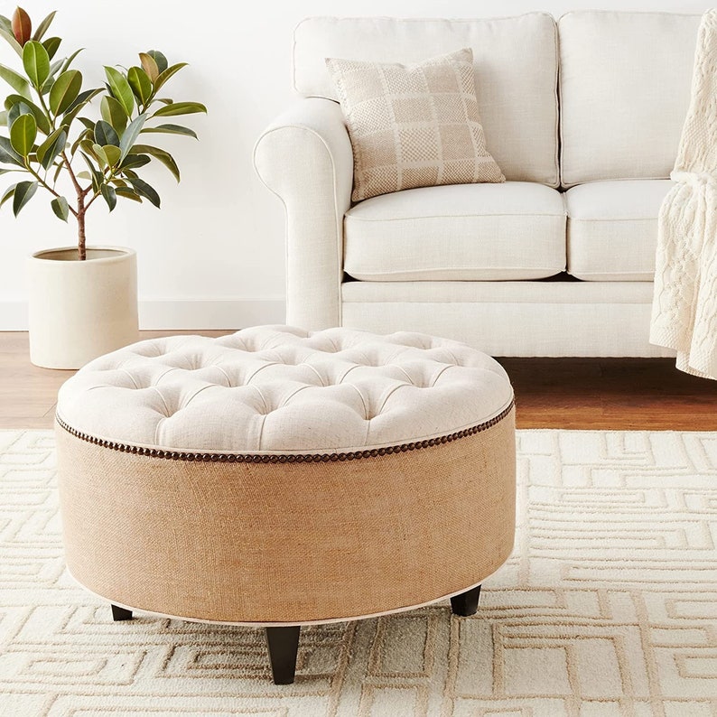 30' Tufted Linen and Burlap Ottoman Coffee Table 