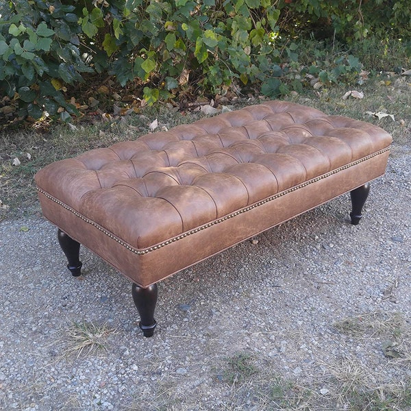 Design 59 LARGE Vegan Leather Tufted Ottoman, Footstool, Upholstered Coffee Table, 46"x24"