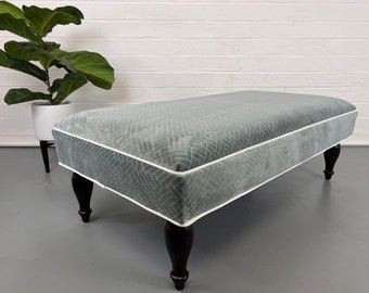 Velvet Ottoman Bench, Mid Century Modern, Storm Blue Grey with Genuine White Leather Welt by D59