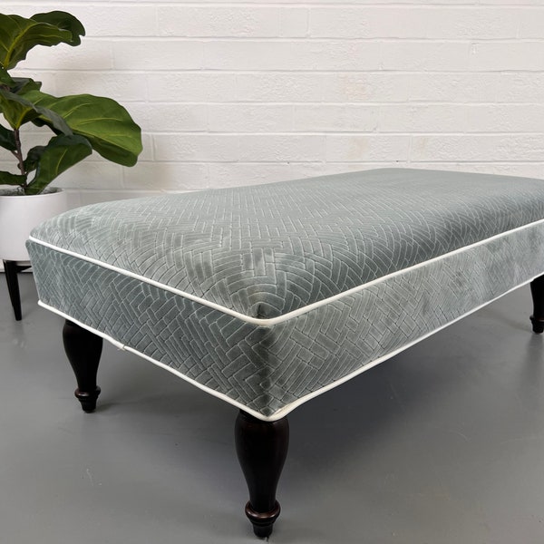 Velvet Ottoman Bench, Mid Century Modern, Storm Blue Grey with Genuine White Leather Welt by D59