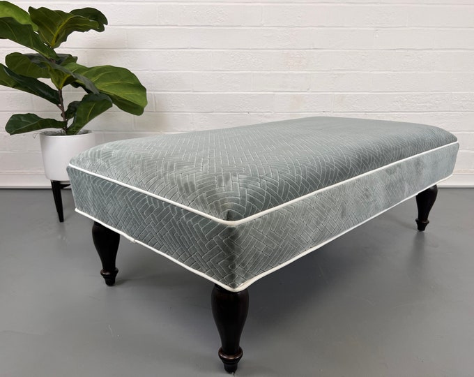 Velvet Ottoman Bench, Mid Century Modern, Storm Blue Grey with Genuine White Leather Welt by D59