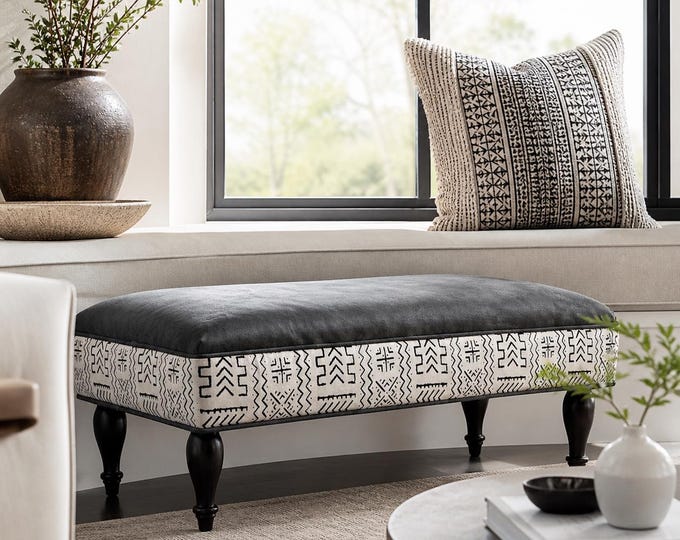 Vegan Leather Ottoman Bench, Bohemian, African Mud Cloth with Grey Leather by Design 59