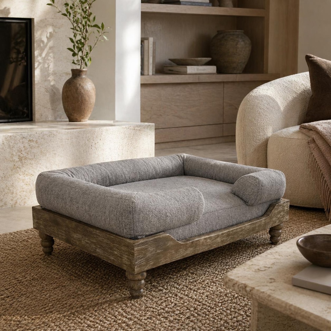 Washed Oak Elevated Dog Bed With Bolstered Grey Cushion - Etsy