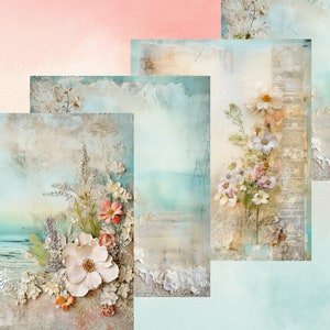 Pode incluir: Uma colagem de quatro impressões de arte digital com uma estética vintage, desenhos florais e um esquema de cores azul e branco.