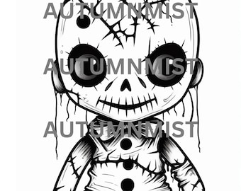 20 Page Cute Voodoo Doll Adult Coloring Book, Grayscale, Digital
