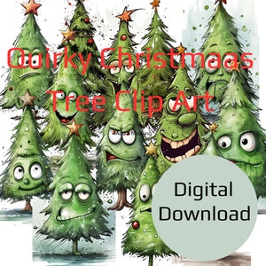 17 Quircky Funny Cute Distressed Christmas Tree Clipart, DIY, Digital Download, Funny Clipart
