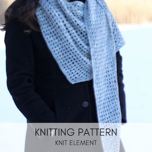 May include: A light blue knitted scarf with a lacy pattern. The scarf is draped around the neck of a person wearing a black coat.