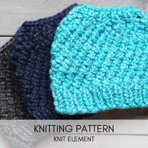 May include: Three knitted hats in different colors: gray, navy blue, and turquoise. The hats are stacked on top of each other. The text "Knitting Pattern" and "Knit Element" is visible below the hats.