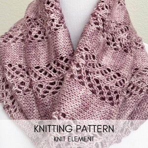 Pode incluir: Um close-up de uma gola de malha rosa com um padrão de renda. A gola está em um manequim branco. O texto "Knitting Pattern" e "Knit Element" é visível abaixo da gola.