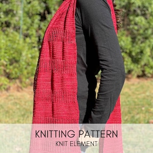 May include: A red knitted scarf with a simple stitch pattern. The scarf is draped over a person's shoulder and hangs down their back.  Knitting Pattern Knit Element
