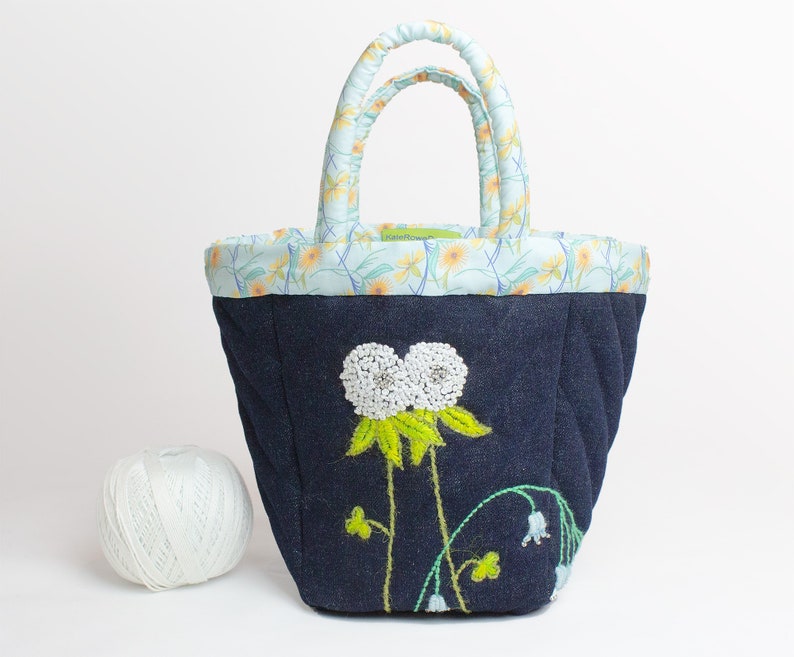 Project bag in black denim with clover and bluebell embroidery