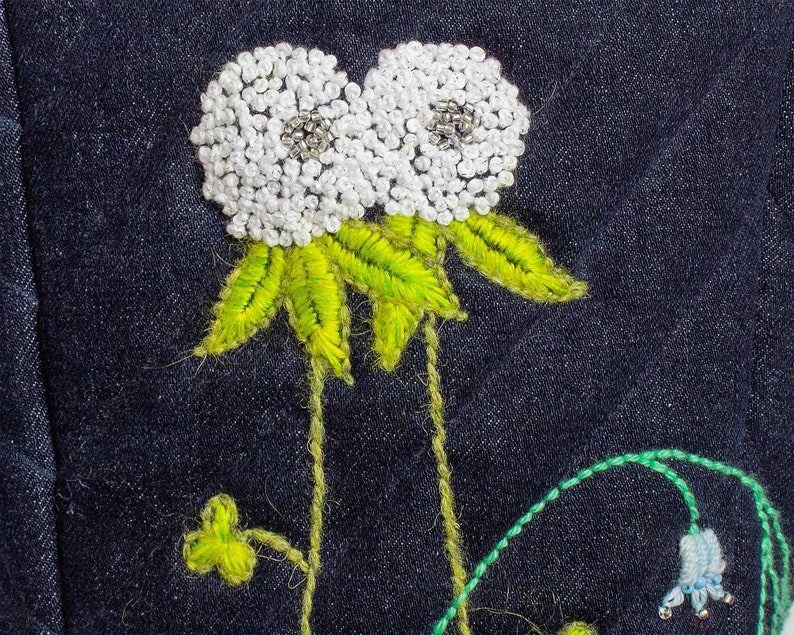 Project bag in black denim with clover and bluebell embroidery